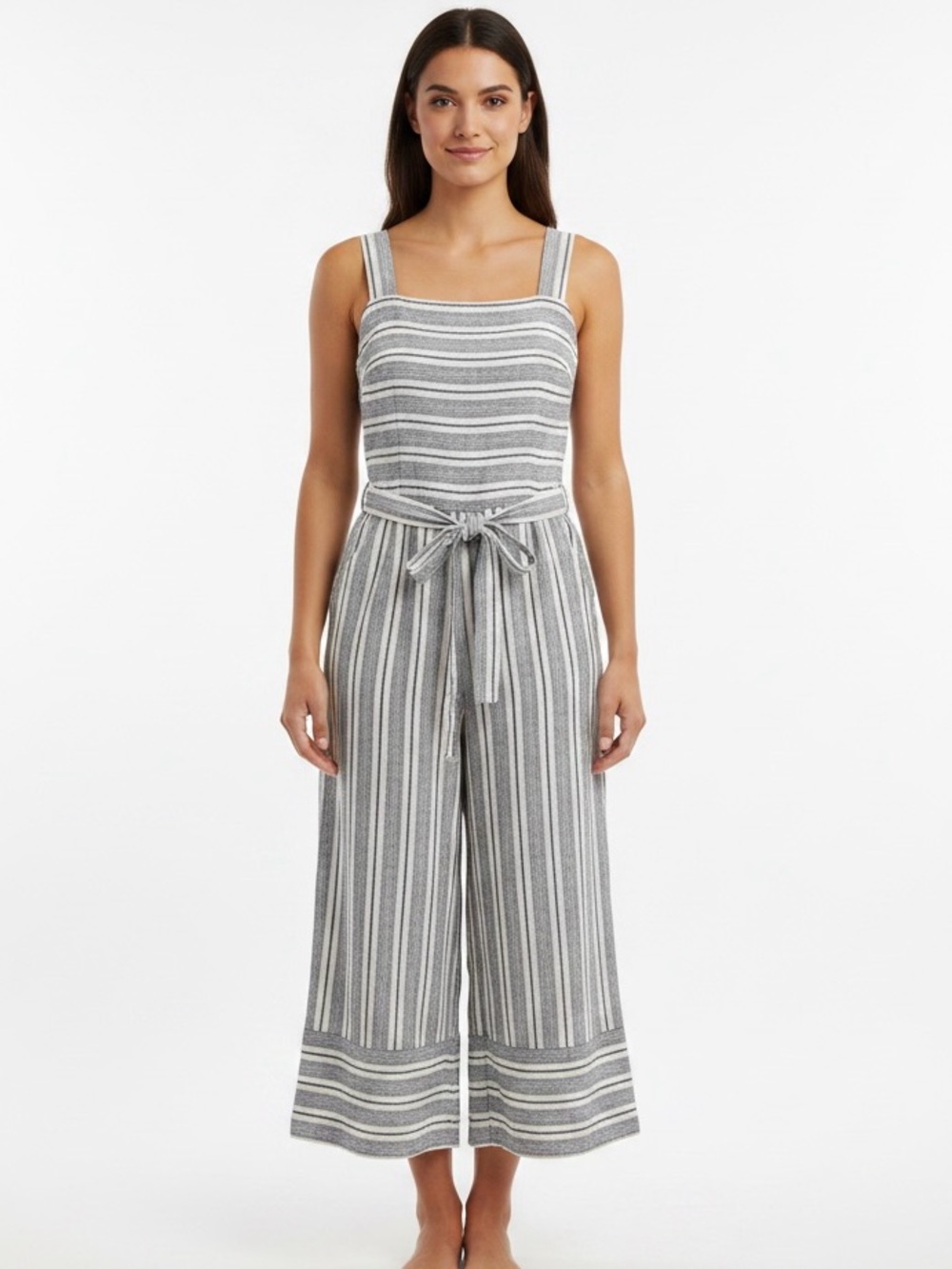 beachlunchlounge Striped Square-Neck Jumpsuit in Gray and White
